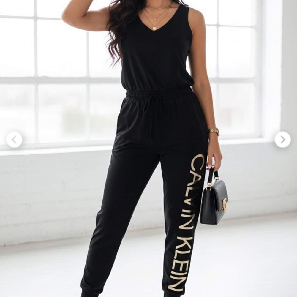 Calvin Klein Women's Sleeveless Jumpsuit with V-Neck and Classic Logo - Picture 5 of 6